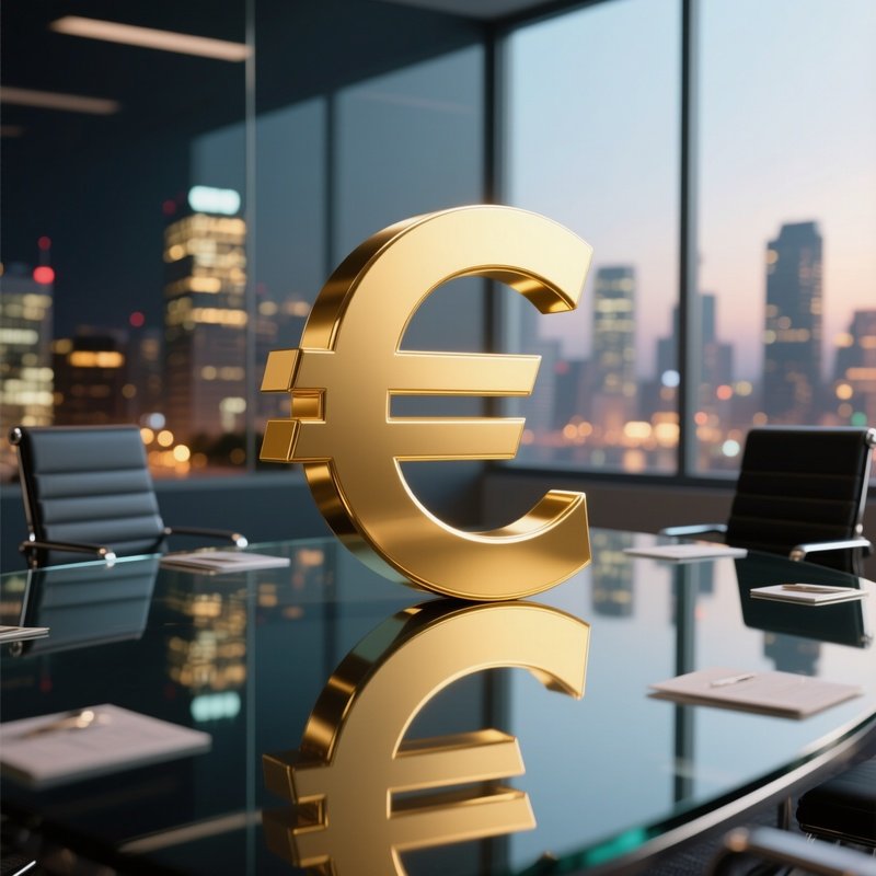 A Photorealistic Golden Euro Sign Standing On A Glass Meeting Table With City Lights Reflecting In The Surface.