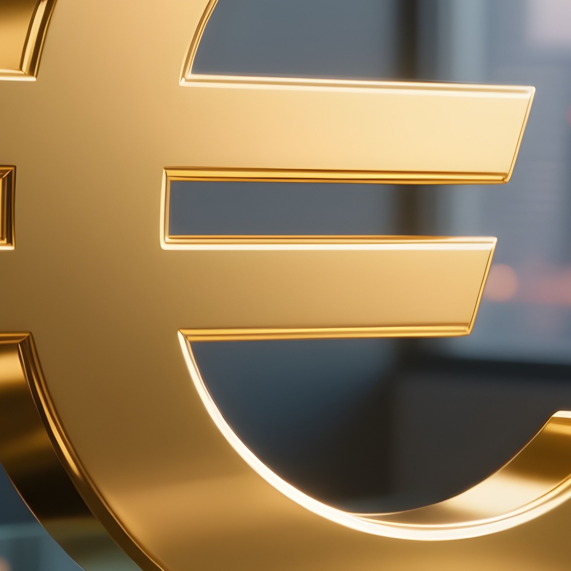 A Photorealistic Golden Euro Sign Standing On A Glass Meeting Table With City Lights Reflecting In The Surface. - Full Resolution Quality Preview