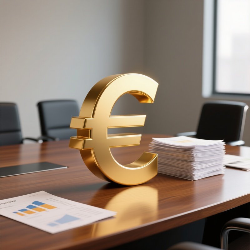 A Photorealistic Golden Euro Symbol Standing Upright On A Wooden Conference Table Beside Neatly Stacked Budget Documents.