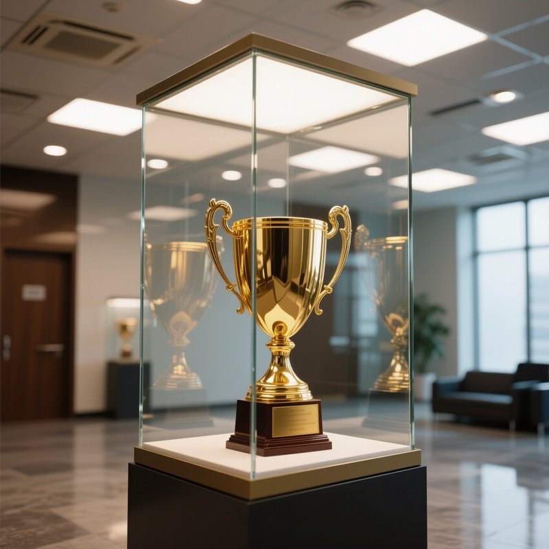 A Photorealistic Golden Trophy Inside A Glass Display Case Reflecting Ceiling Lights In A Corporate Lobby.