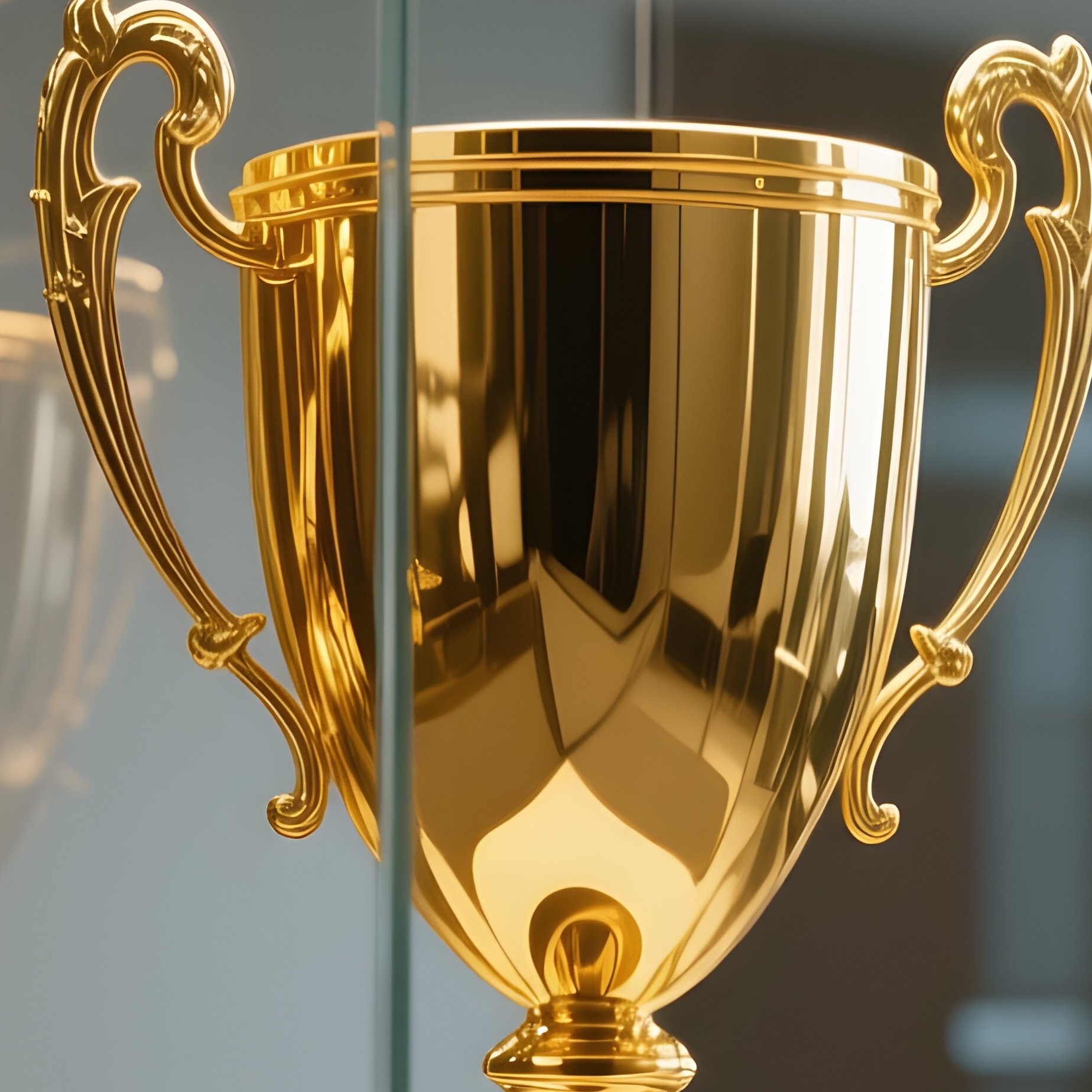 A Photorealistic Golden Trophy Inside A Glass Display Case Reflecting Ceiling Lights In A Corporate Lobby. - Full Resolution Quality Preview