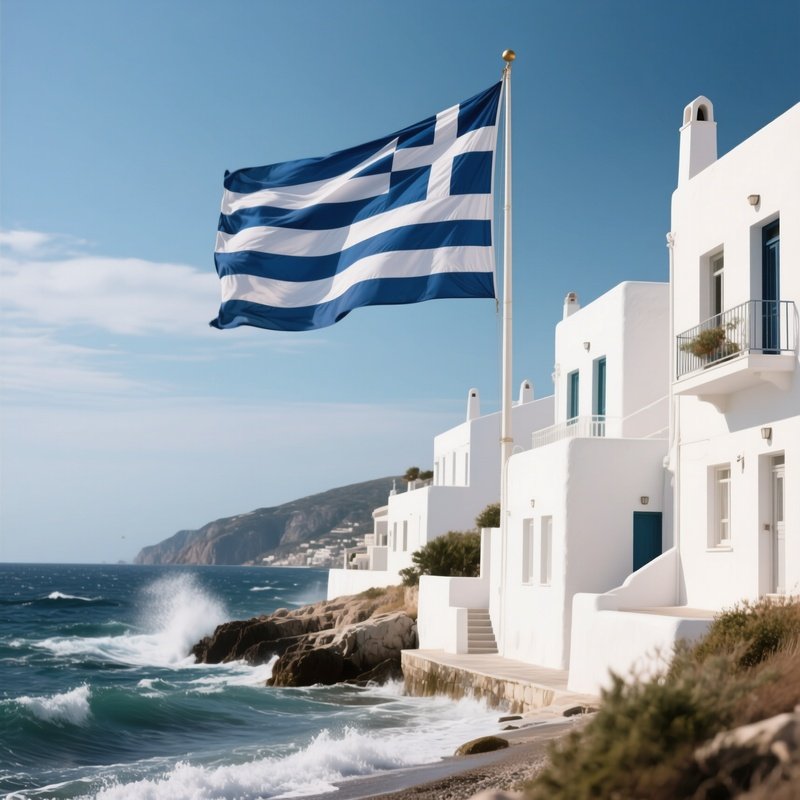 A Photorealistic Greek Flag Blowing In Strong Seaside Winds Beside White Coastal Buildings.