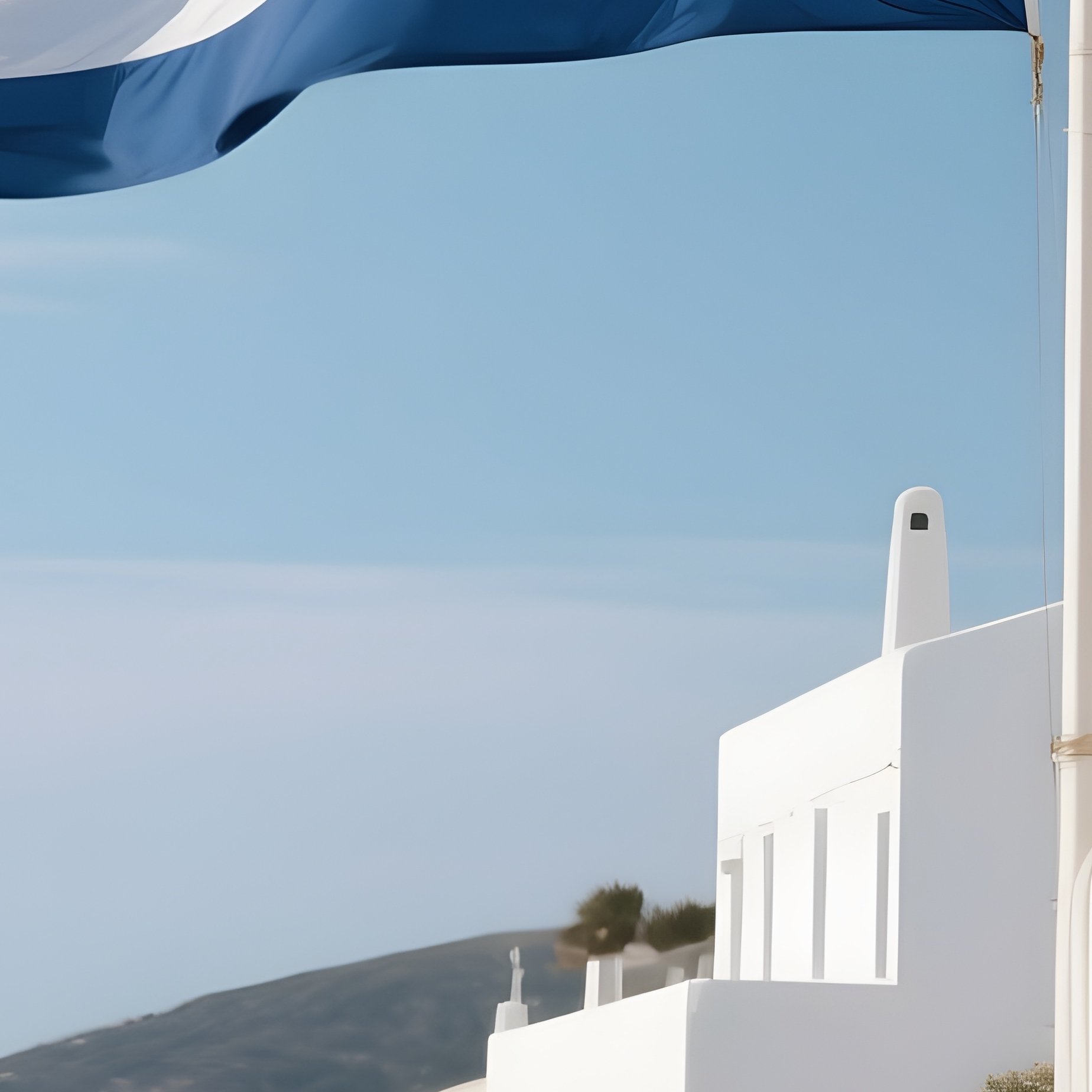 A Photorealistic Greek Flag Blowing In Strong Seaside Winds Beside White Coastal Buildings. - Full Resolution Quality Preview