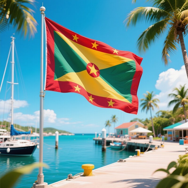 A Photorealistic Grenadian Flag Waving Beside A Bright Tropical Harbor.