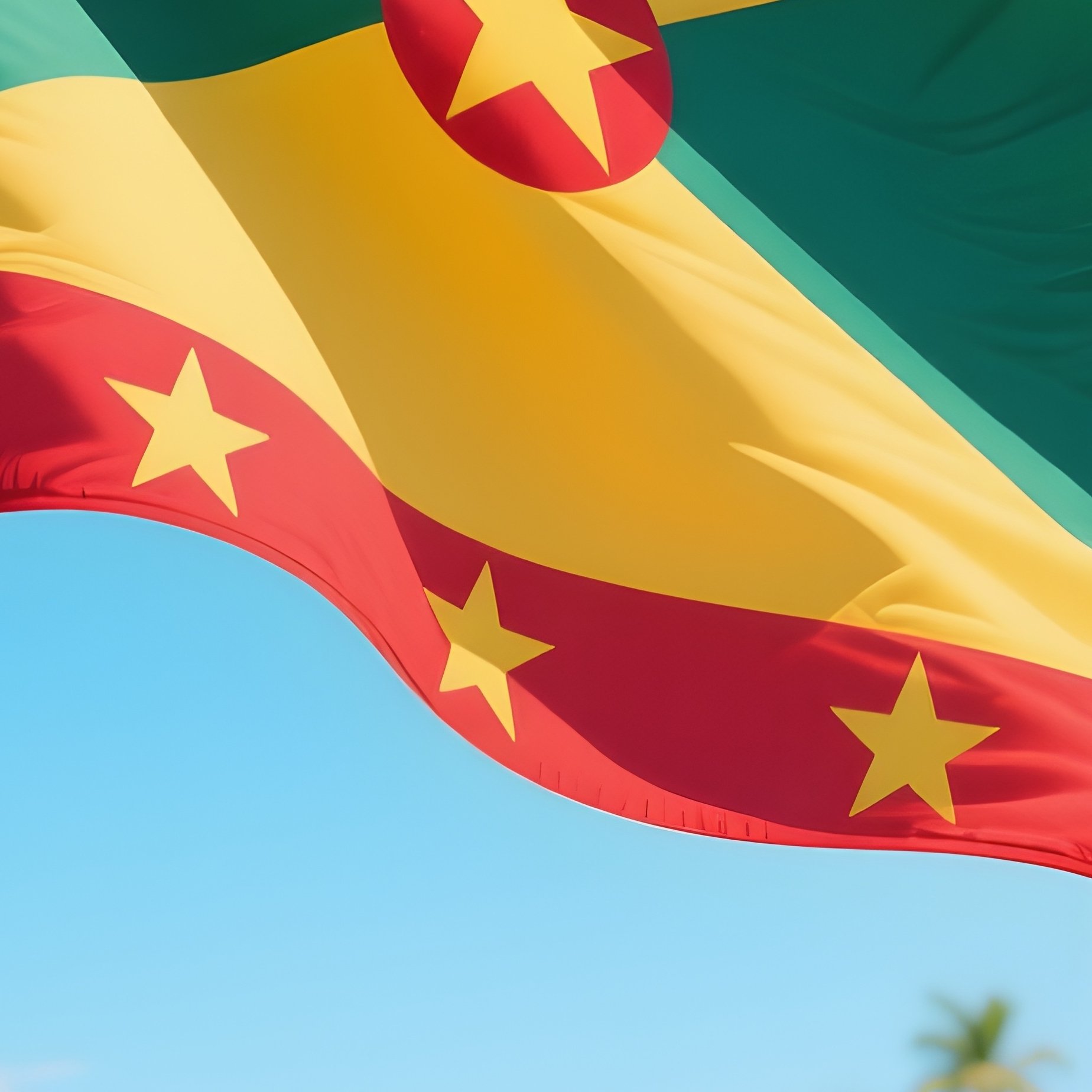 A Photorealistic Grenadian Flag Waving Beside A Bright Tropical Harbor. - Full Resolution Quality Preview