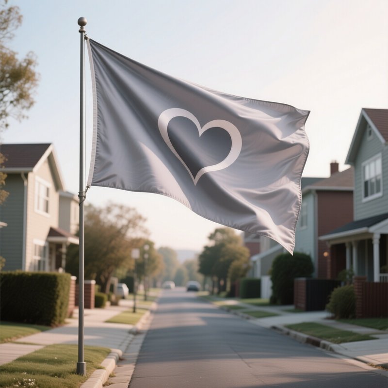 A Photorealistic Greyromantic Flag Fluttering Softly Along A Quiet Residential Street.
