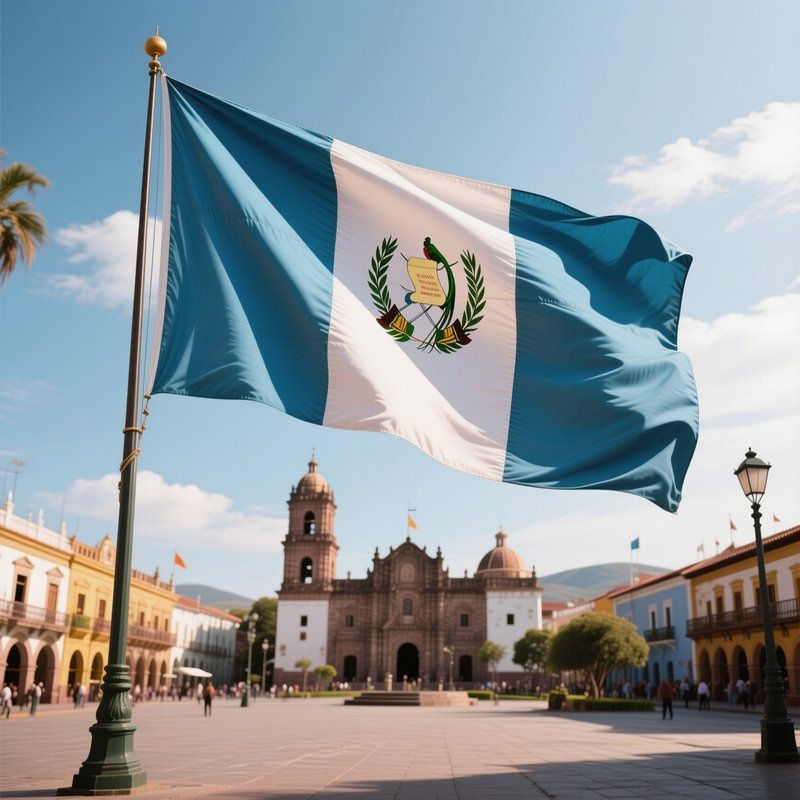 A Photorealistic Guatemalan Flag Fluttering In Front Of A Colonial Style City Square.