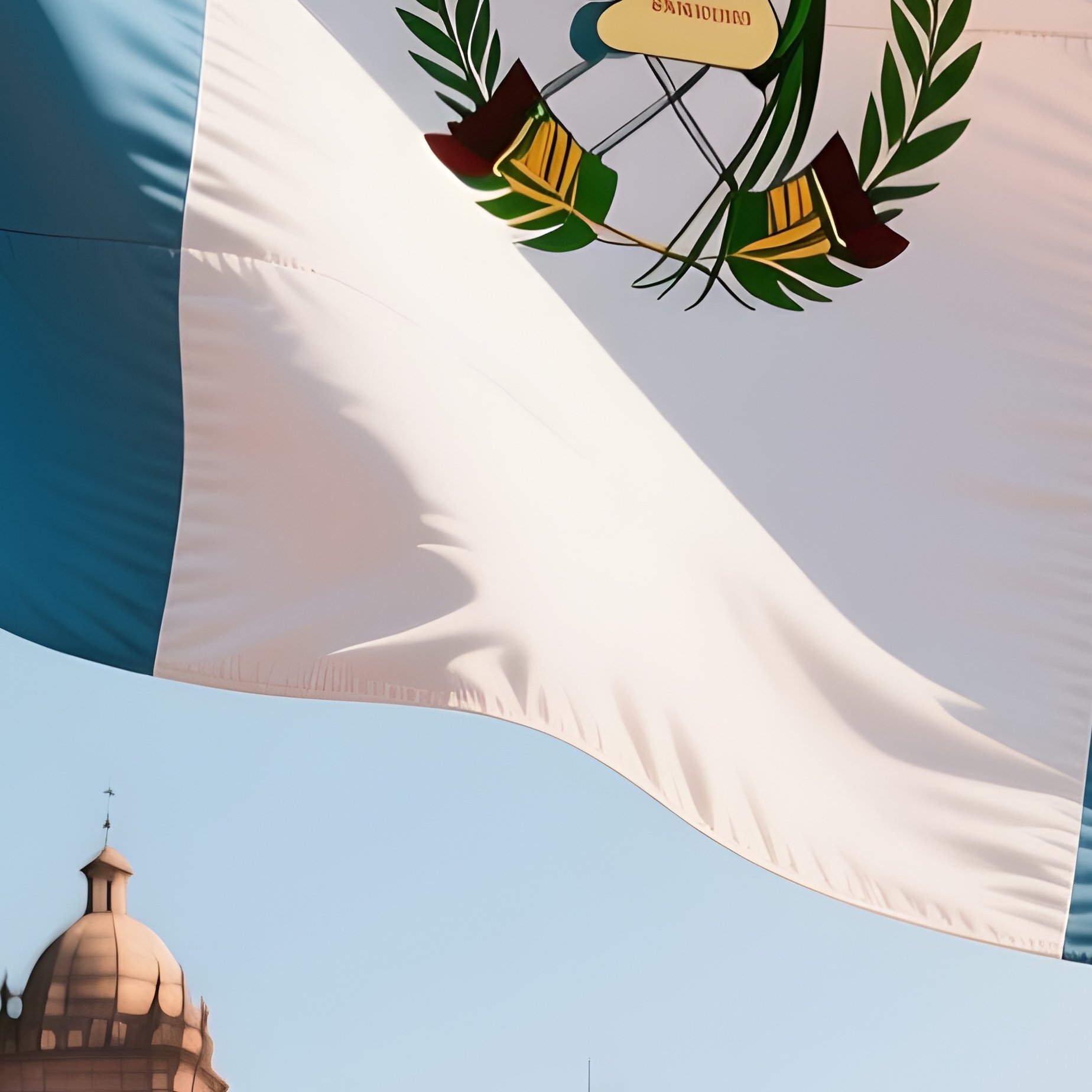 A Photorealistic Guatemalan Flag Fluttering In Front Of A Colonial Style City Square. - Full Resolution Quality Preview