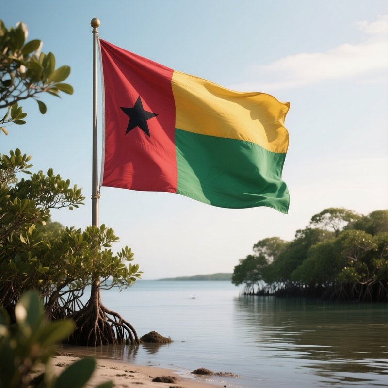 A Photorealistic Guinea Bissau Flag Fluttering Near A Quiet Mangrove Shoreline.