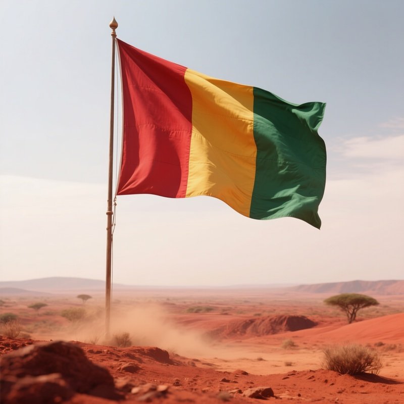 A Photorealistic Guinean Flag Waving Above A Dusty Red Earth Landscape.