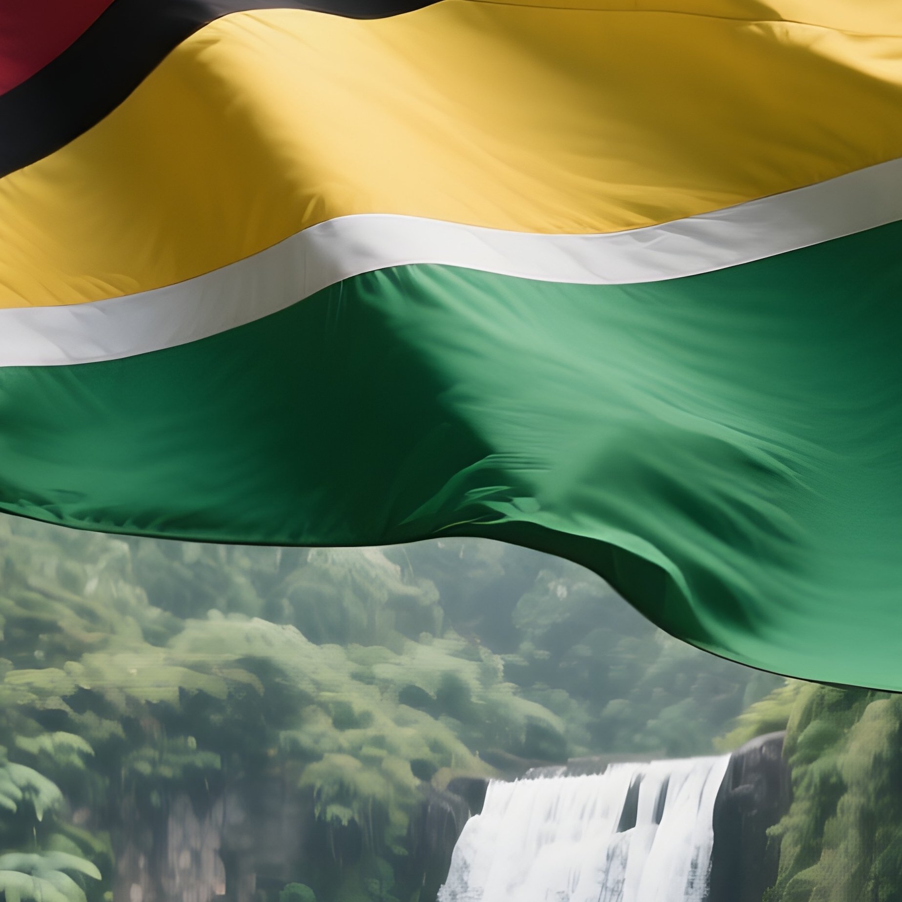 A Photorealistic Guyanese Flag Waving Over A Lush Jungle Waterfall Gorge. - Full Resolution Quality Preview