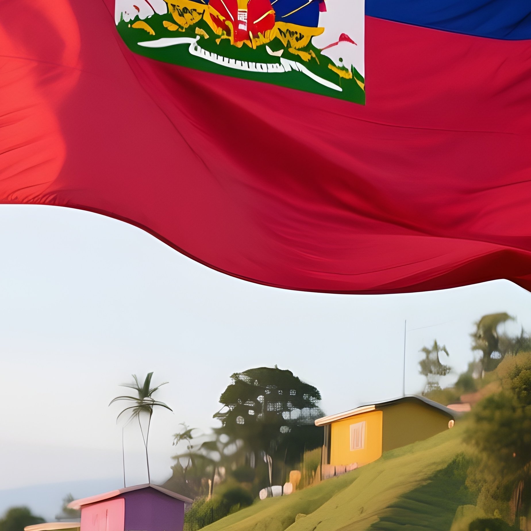A Photorealistic Haitian Flag Fluttering Beside Colorful Hillside Homes. - Full Resolution Quality Preview
