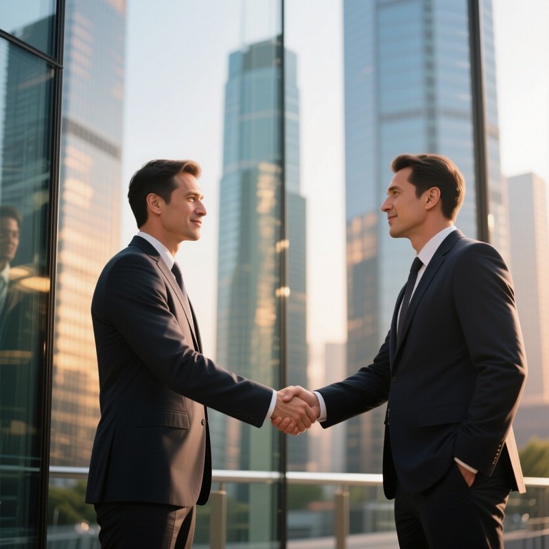 A Photorealistic Handshake Between Two Professionals In Front Of A Glass Wall With Blurred Skyscrapers And Warm Afternoon Reflections.