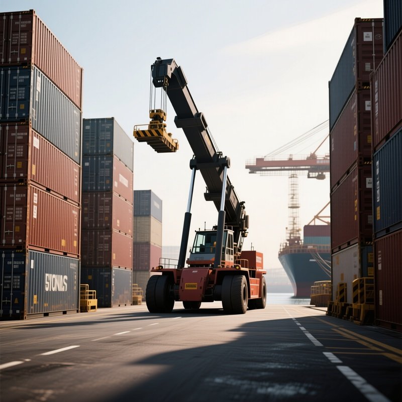 A Photorealistic Harbor Straddle Carrier Navigating Between High Stacks Of Containers With Soft Shadows Cast Across The Asphalt.