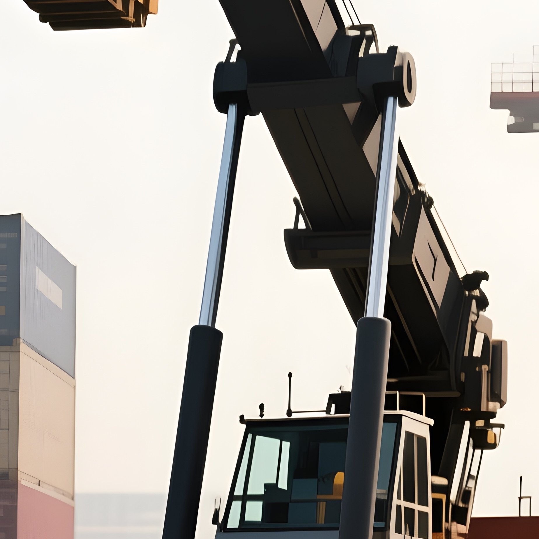 A Photorealistic Harbor Straddle Carrier Navigating Between High Stacks Of Containers With Soft Shadows Cast Across The Asphalt. - Full Resolution Quality Preview