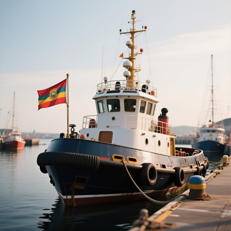 A Photorealistic Harbor Tugboat With A Small But Vibrant Flag Fluttering At Its Stern.