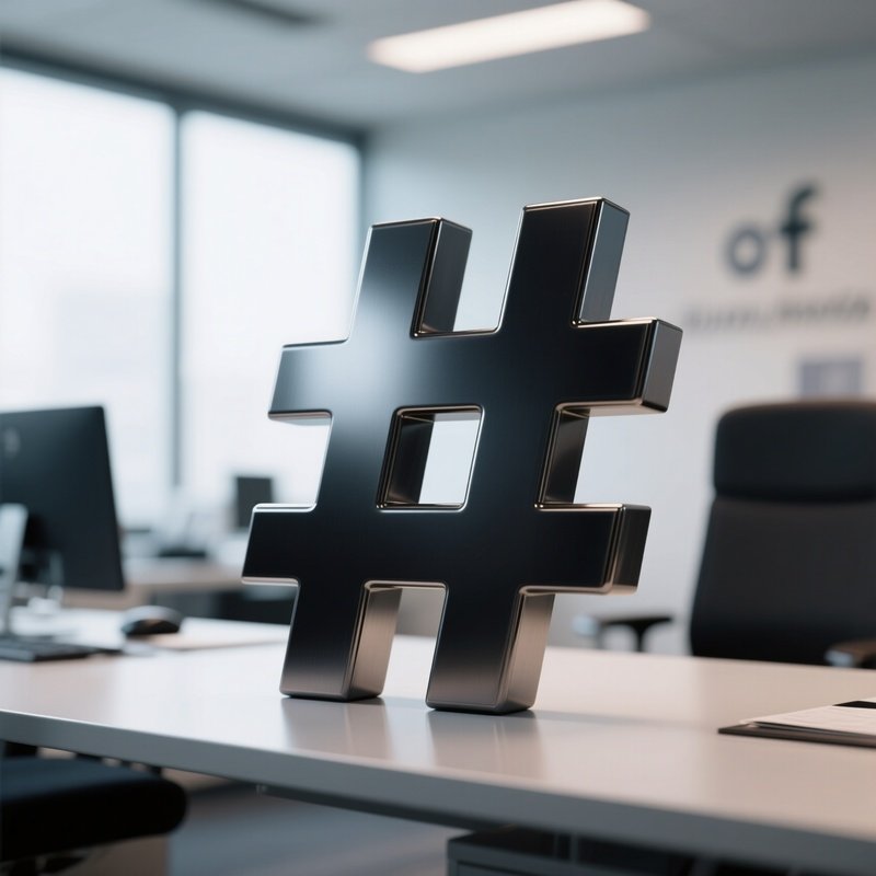A Photorealistic Hashtag Symbol Made Of Dark Metal Resting On A Modern Social Media Agency Workstation.