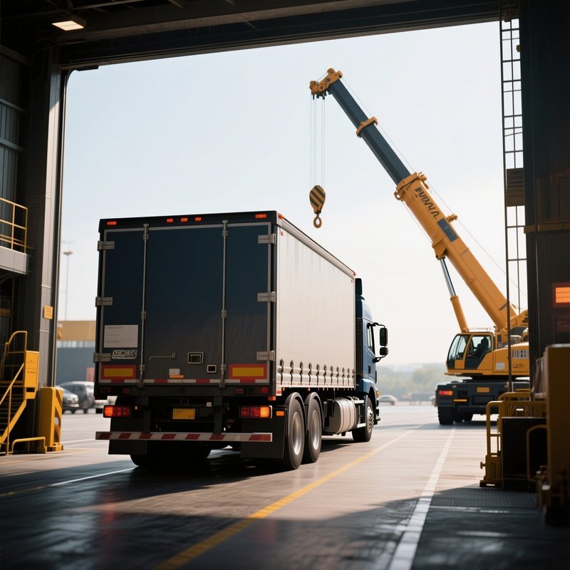A Photorealistic Heavy Duty Truck Reversing Toward A Loading Platform Where A Crane Awaits.