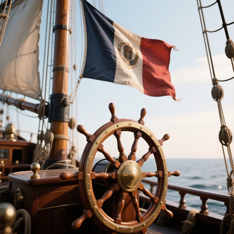 A Photorealistic Helm Side Flag Fluttering Near A Wooden Wheel Aboard A Classic Vessel.