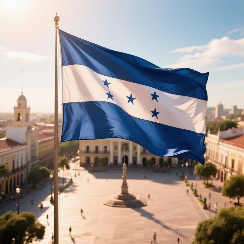 A Photorealistic Honduran Flag Waving Above A Wide Central Plaza In Warm Sunlight.
