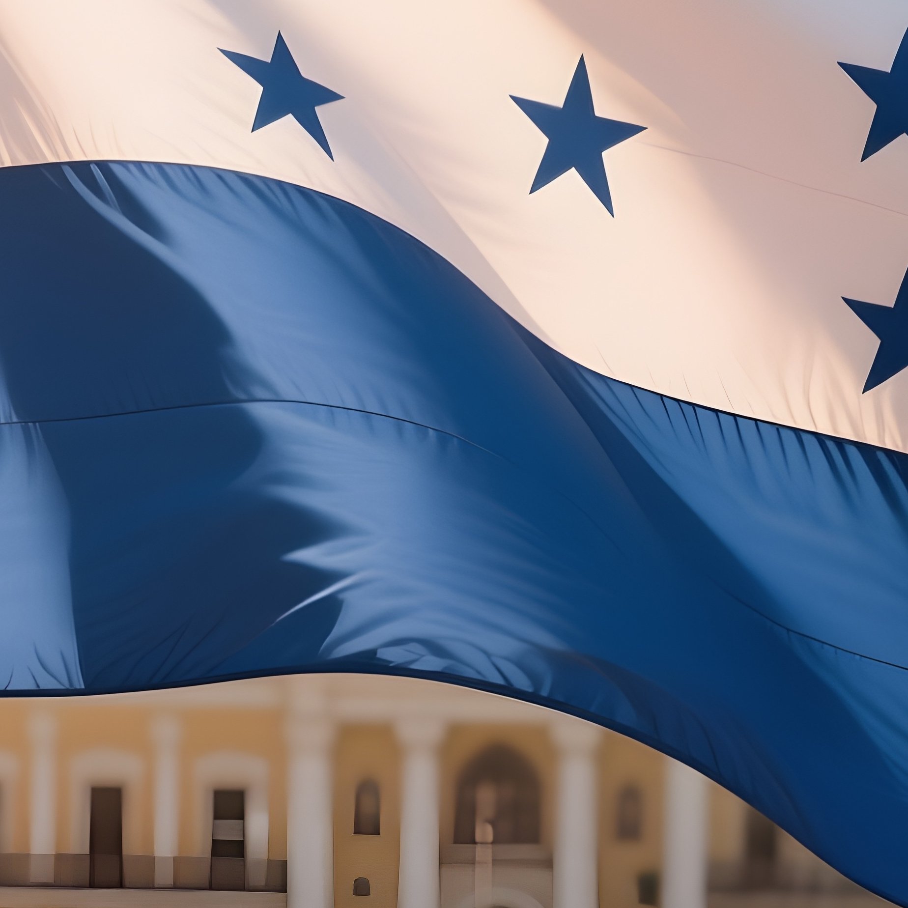 A Photorealistic Honduran Flag Waving Above A Wide Central Plaza In Warm Sunlight. - Full Resolution Quality Preview