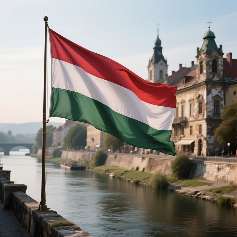 A Photorealistic Hungarian Flag Fluttering In Front Of A Riverbank Lined With Old Architecture.