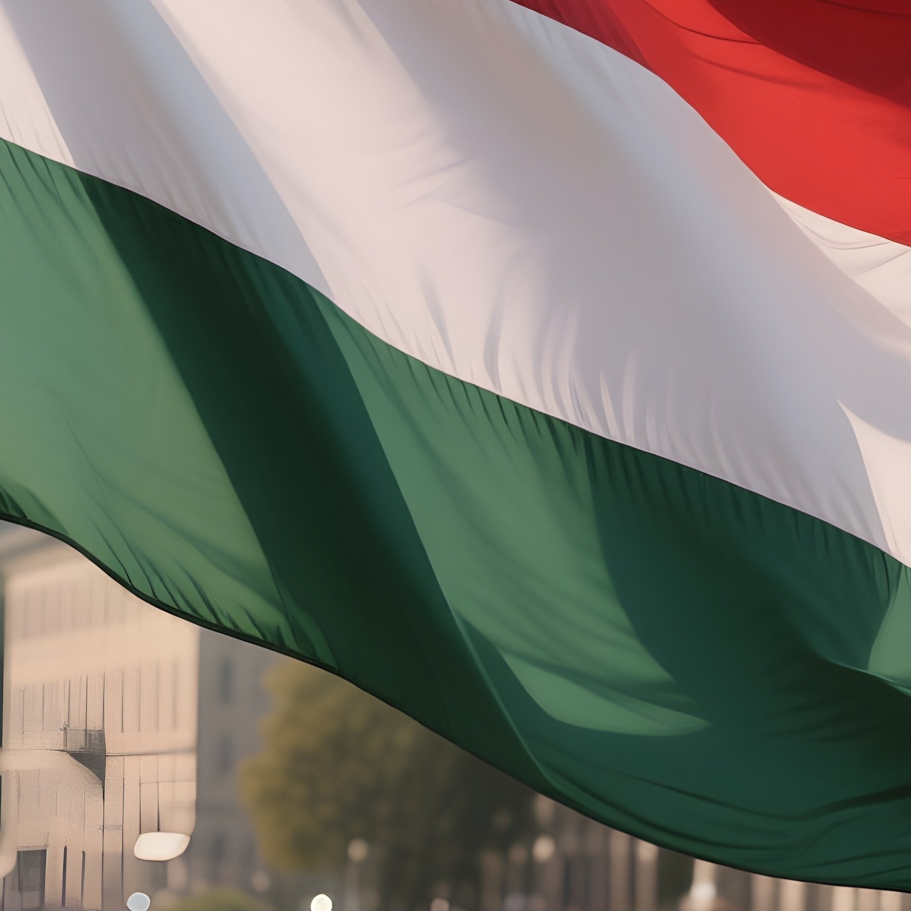 A Photorealistic Hungarian Flag Fluttering In Front Of A Riverbank Lined With Old Architecture. - Full Resolution Quality Preview