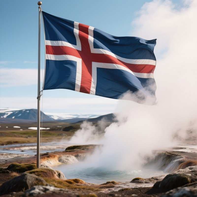A Photorealistic Icelandic Flag Blowing Strongly Beside Steaming Geothermal Springs.