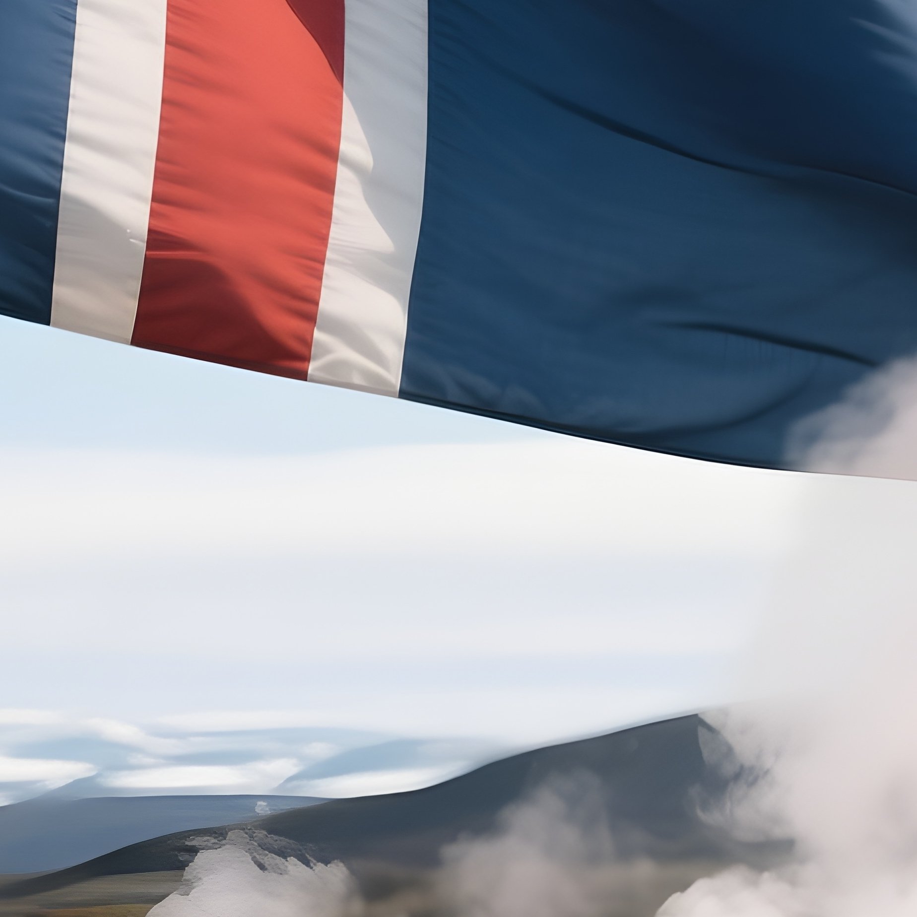 A Photorealistic Icelandic Flag Blowing Strongly Beside Steaming Geothermal Springs. - Full Resolution Quality Preview
