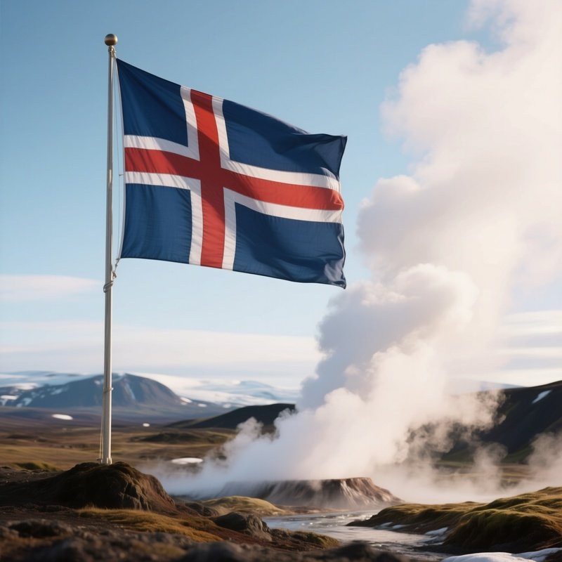 A Photorealistic Icelandic Flag Fluttering Beside Geothermal Steam Vents.