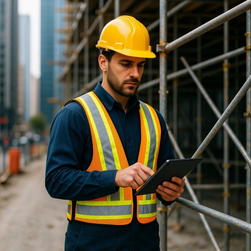 A Photorealistic Image Of A Foreman Giving Instructions With A Tablet Near Scaffolding
