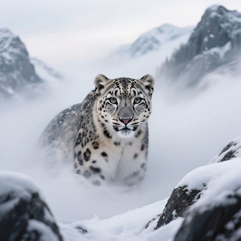 A Photorealistic Image Of A Snow Leopard Emerging Silently From Swirling Mountain Fog.