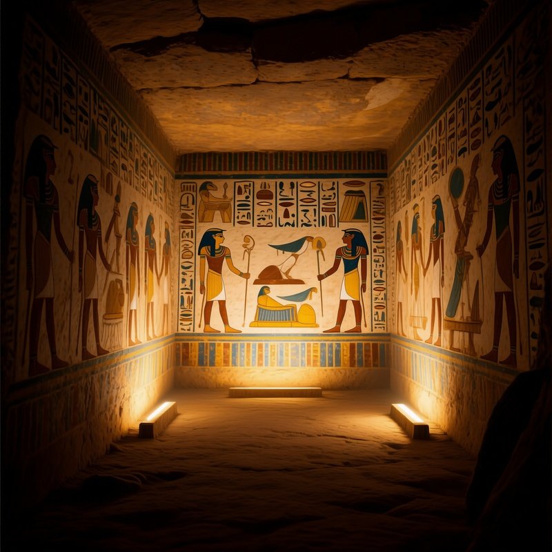 A Photorealistic Image Of An Egyptian Tomb With Painted Hieroglyphs