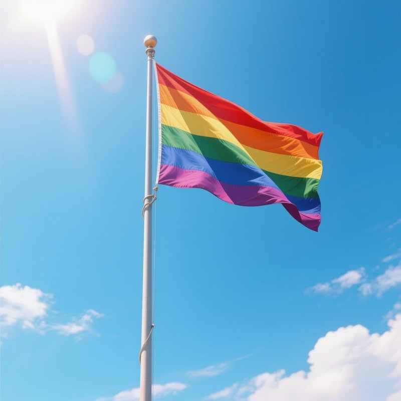 A Photorealistic Inclusive Pride Flag Waving Atop A Tall Pole During Bright Midday Sun.