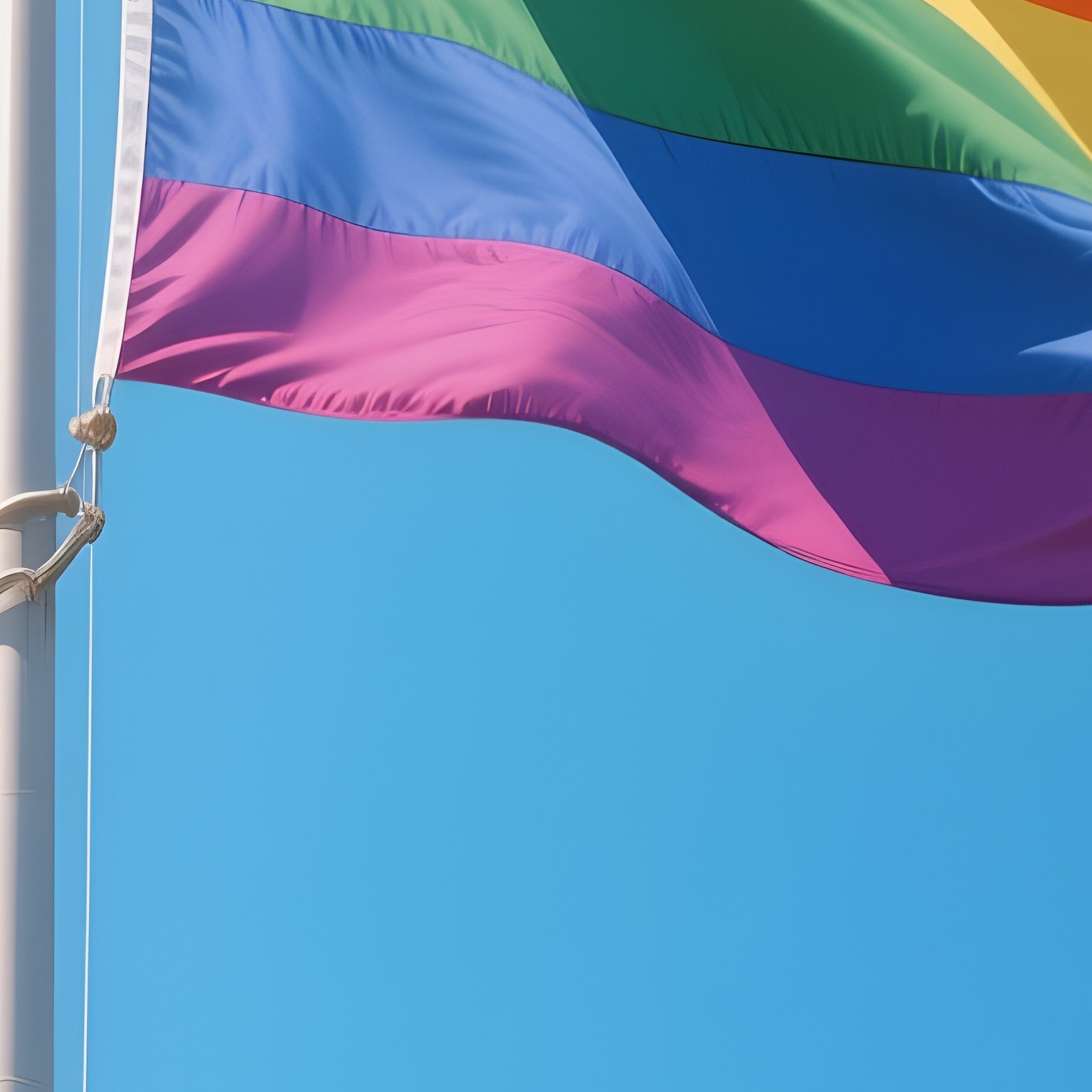 A Photorealistic Inclusive Pride Flag Waving Atop A Tall Pole During Bright Midday Sun. - Full Resolution Quality Preview