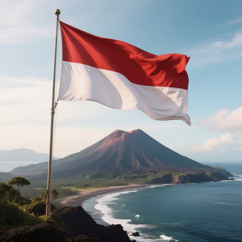 A Photorealistic Indonesian Flag Waving Near A Volcanic Island Coastline.