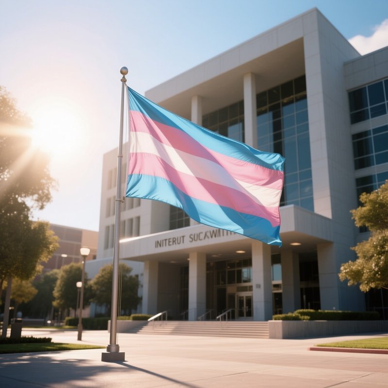A Photorealistic Intersex Flag Fluttering In Front Of A Sunlit Modern Civic Center.