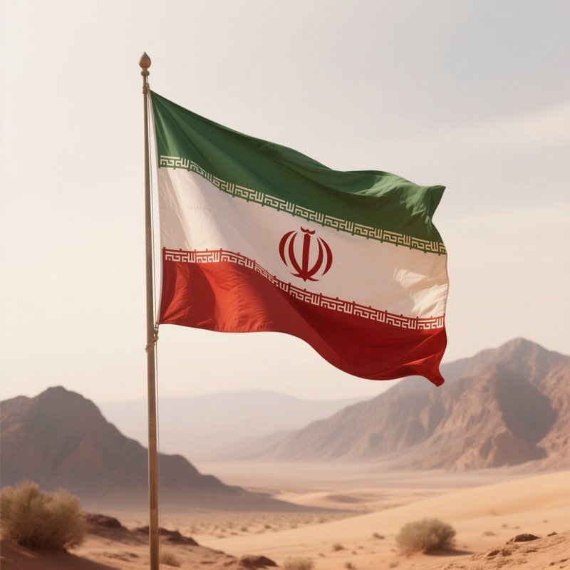 A Photorealistic Iranian Flag Fluttering Against A Backdrop Of Desert Mountains Under Soft Haze.