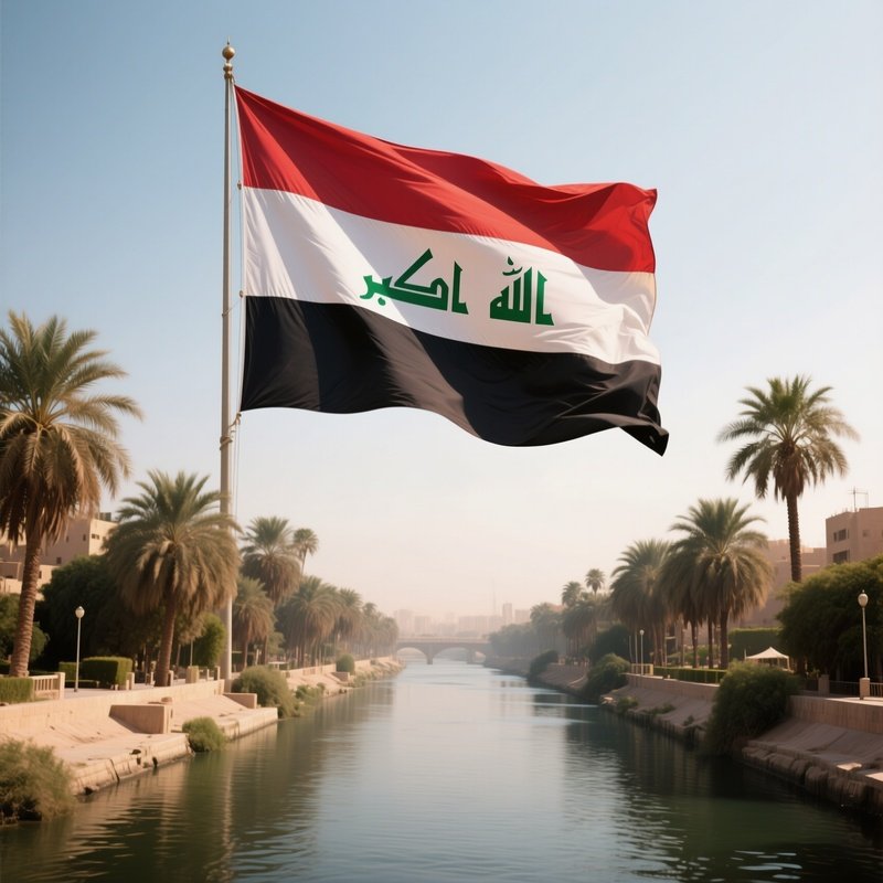 A Photorealistic Iraqi Flag Fluttering Above A Palm Lined Riverside.