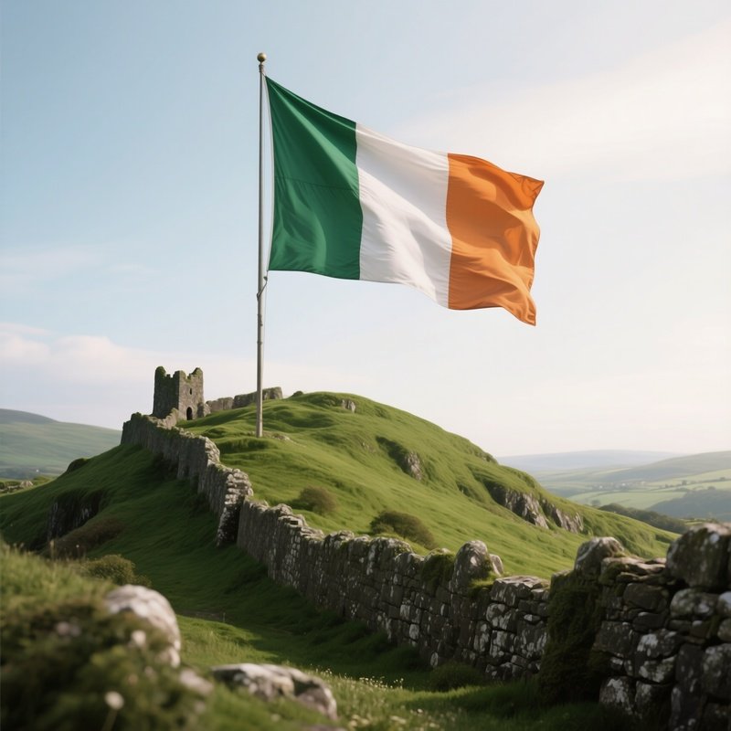 A Photorealistic Irish Flag Waving Above A Lush Green Hill With Ancient Stone Walls Nearby.