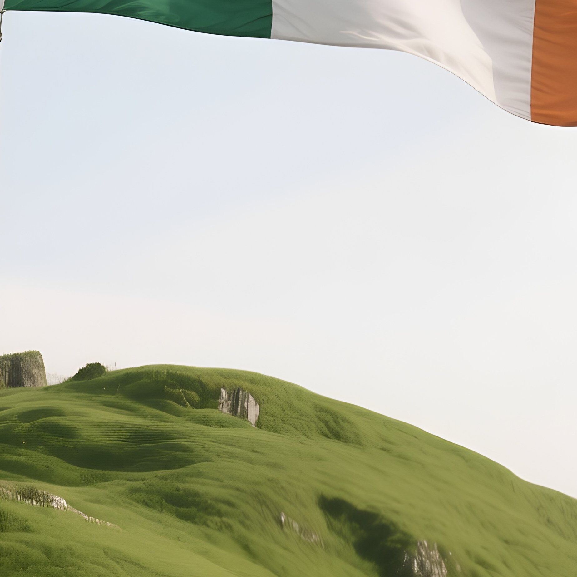 A Photorealistic Irish Flag Waving Above A Lush Green Hill With Ancient Stone Walls Nearby. - Full Resolution Quality Preview