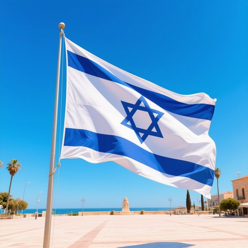 A Photorealistic Israeli Flag Waving Beside A Sunlit Plaza With Crisp Blue Sky Reflections.