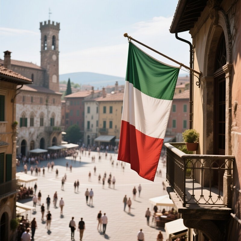 A Photorealistic Italian Flag Hanging From A Balcony Overlooking A Bustling Old Town Square.