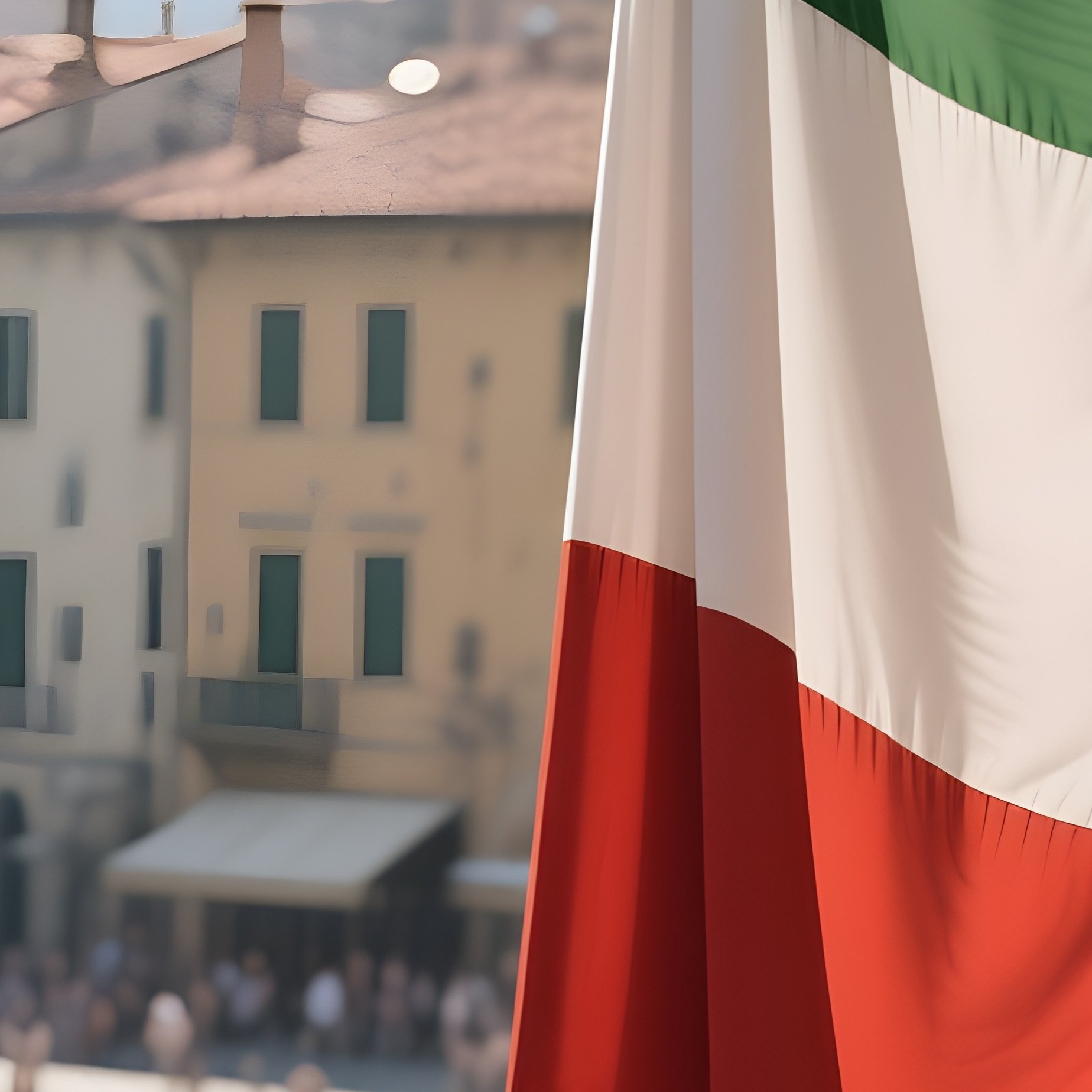 A Photorealistic Italian Flag Hanging From A Balcony Overlooking A Bustling Old Town Square. - Full Resolution Quality Preview
