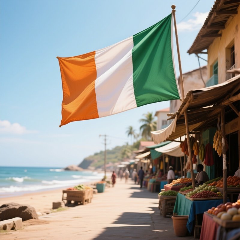 A Photorealistic Ivorian Flag Fluttering Beside A Warm Coastal Market Street.