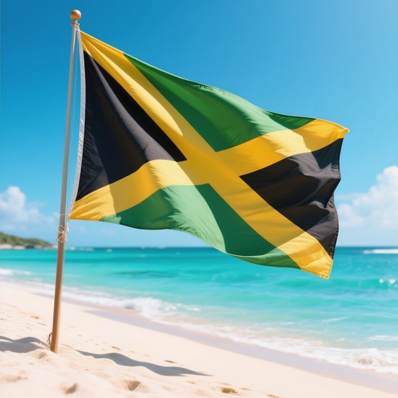 A Photorealistic Jamaican Flag Waving Near A Bright Sandy Beach With Calm Turquoise Water.