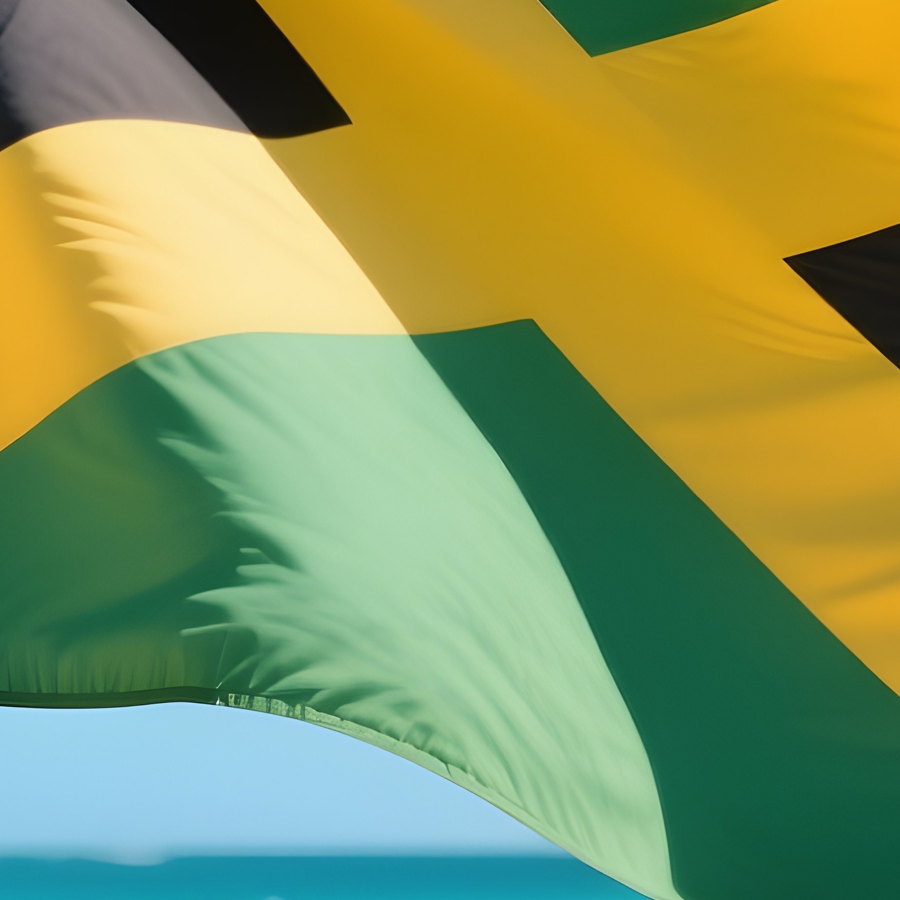 A Photorealistic Jamaican Flag Waving Near A Bright Sandy Beach With Calm Turquoise Water. - Full Resolution Quality Preview