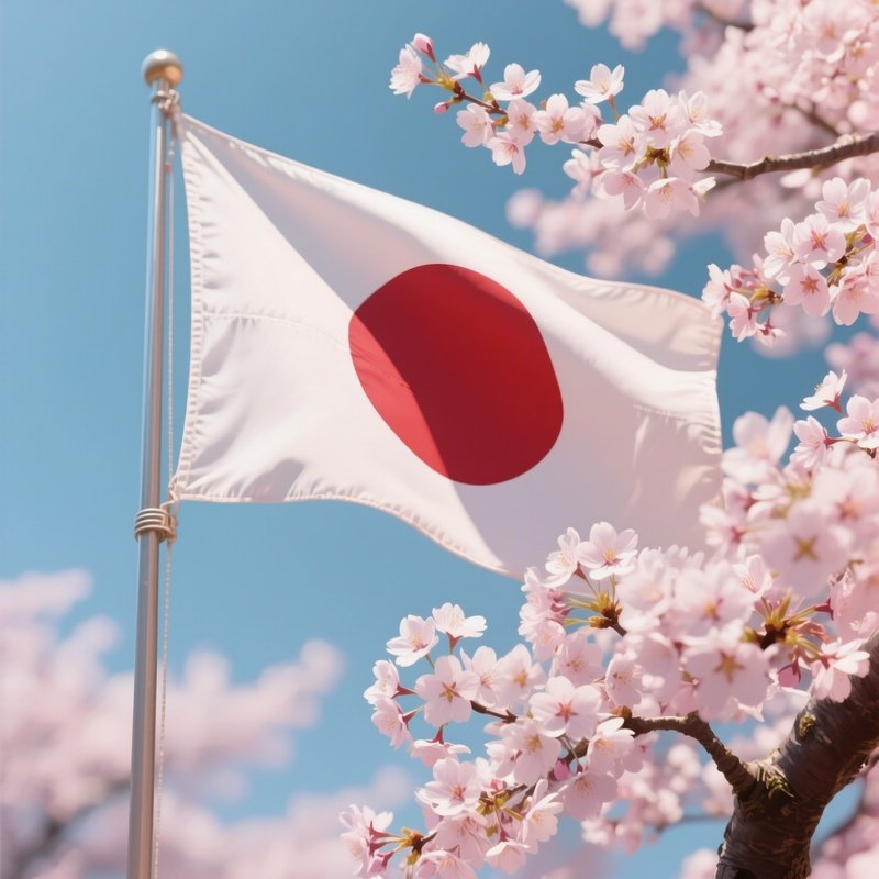A Photorealistic Japanese Flag Rising Beside Cherry Blossoms In Full Bloom.