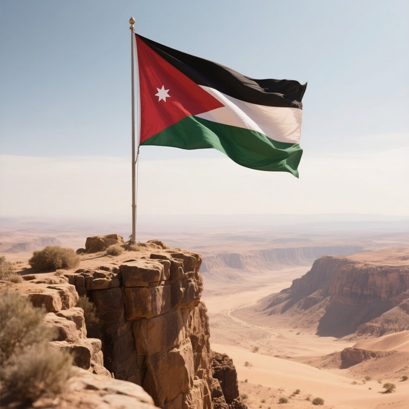 A Photorealistic Jordanian Flag Fluttering Atop A Stone Cliff Overlooking Desert Valleys.