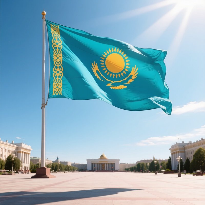 A Photorealistic Kazakhstan Flag Waving On A Wide Plaza Under Intense Midday Light.